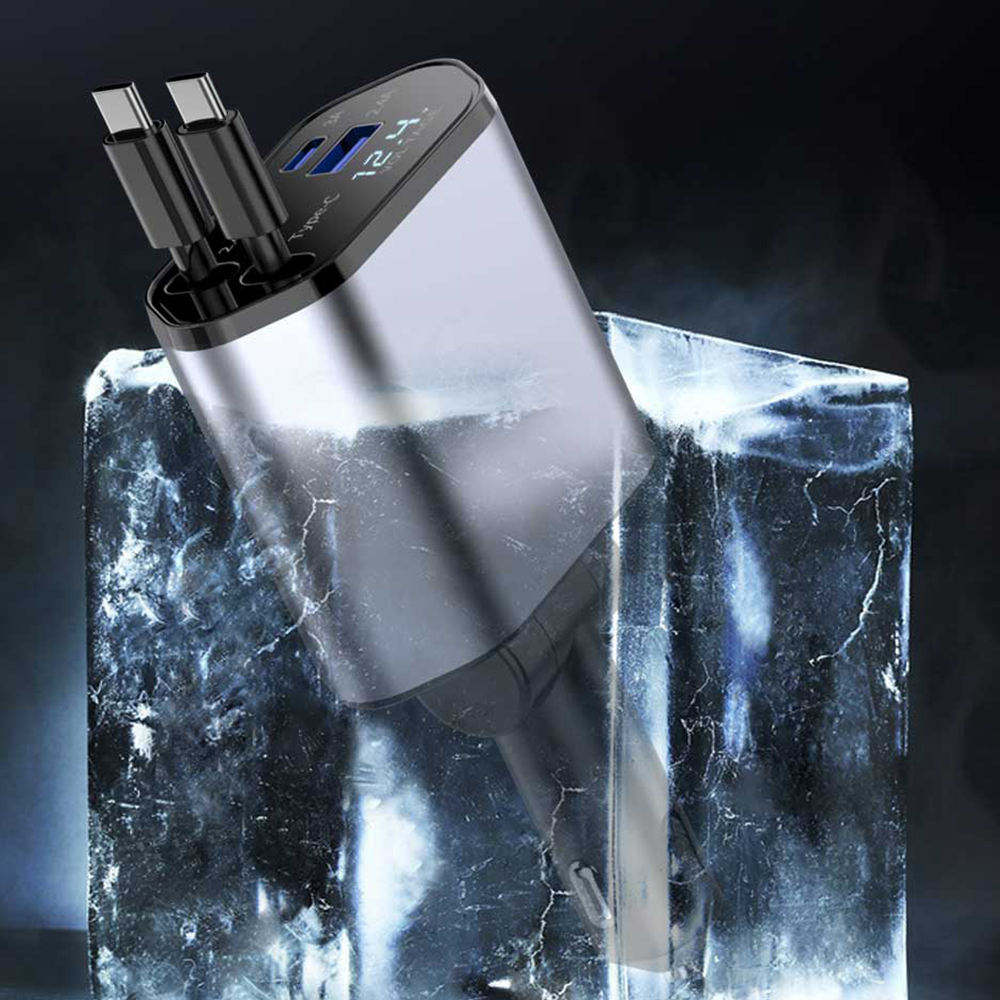 All-in-One Car Charger | Dual Retractable Type-C Cables + USB Fast Charging