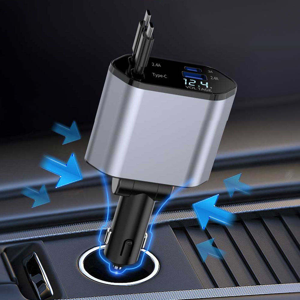 All-in-One Car Charger | Dual Retractable Type-C Cables + USB Fast Charging