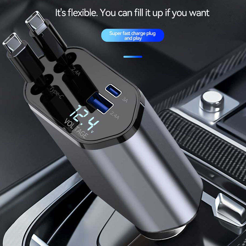 All-in-One Car Charger | Dual Retractable Type-C Cables + USB Fast Charging