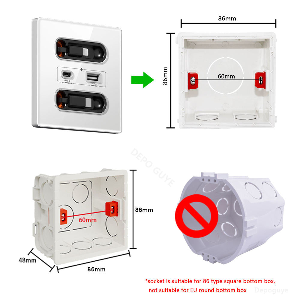 Universal Smart Wall Socket with Built-in USB & Type-C and Lightning Fast Charging Ports