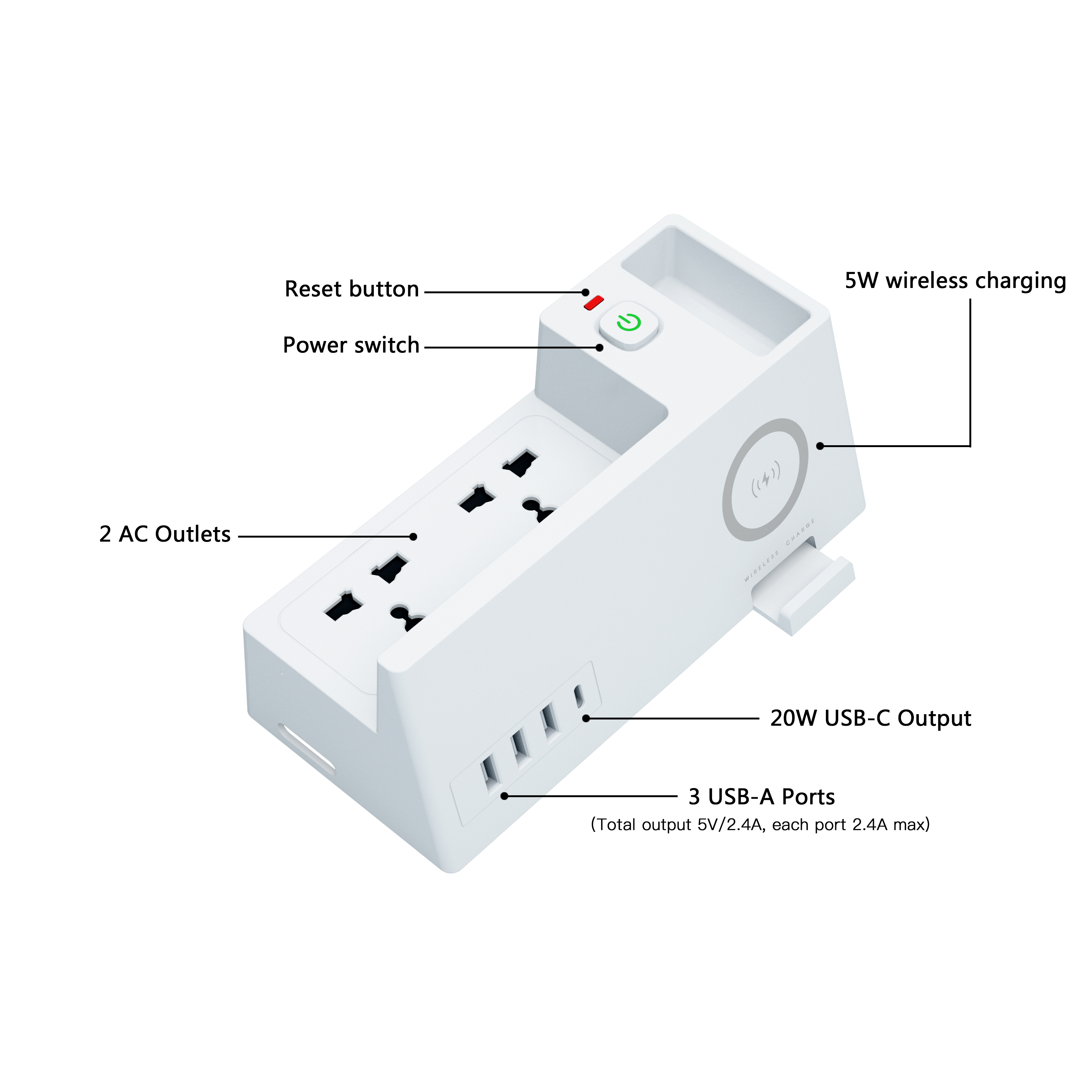 Smart Power Strip with Universal Sockets, USB Ports & 5W Wireless Charger – Surge Protected Extension Board
